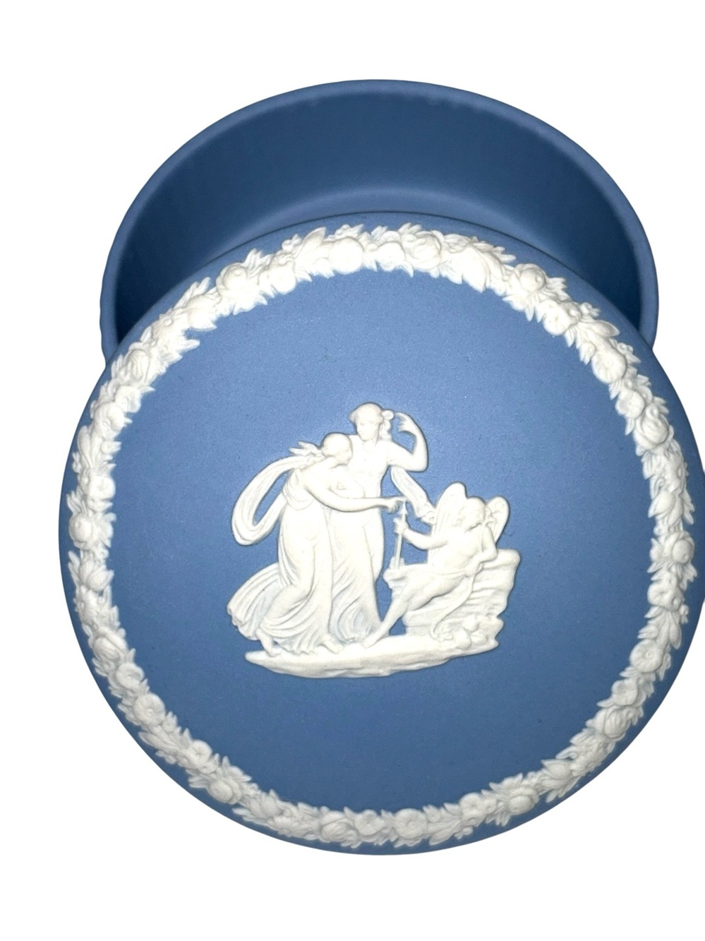 WEDGWOOD Blue Jasperware Covered Trinket Box with White Bas Relief details